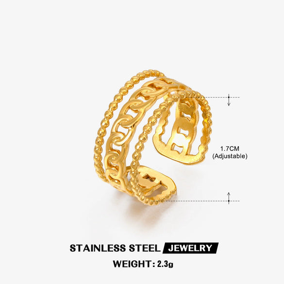 Wholesale Women's Stainless Steel Geometric Three Layer Ring With Real Gold Plating Jewelry