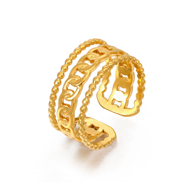 Wholesale Women's Stainless Steel Geometric Three Layer Ring With Real Gold Plating Jewelry