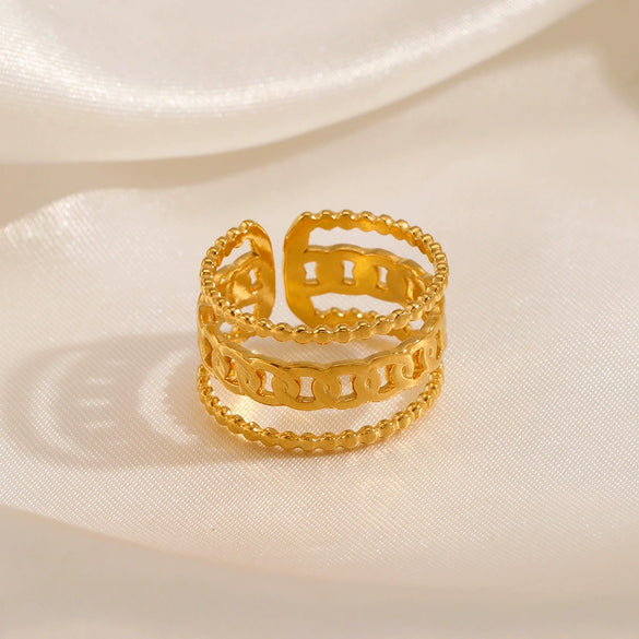 Wholesale Women's Stainless Steel Geometric Three Layer Ring With Real Gold Plating Jewelry
