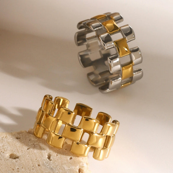 Wholesale Women's Stainless Steel Geometric Three Layer Square Hollow Ring Electroplated Fashion Jewelry