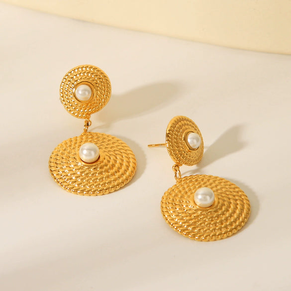 Wholesale Women's Stainless Steel Geometric Twist Spiral Earrings Inlaid With Pearl Electroplated Light Luxury Elegant