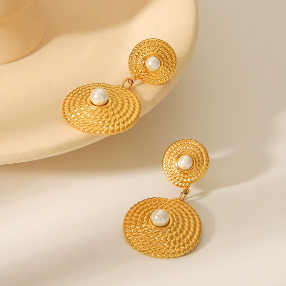 Wholesale Women's Stainless Steel Geometric Twist Spiral Earrings Inlaid With Pearl Electroplated Light Luxury Elegant