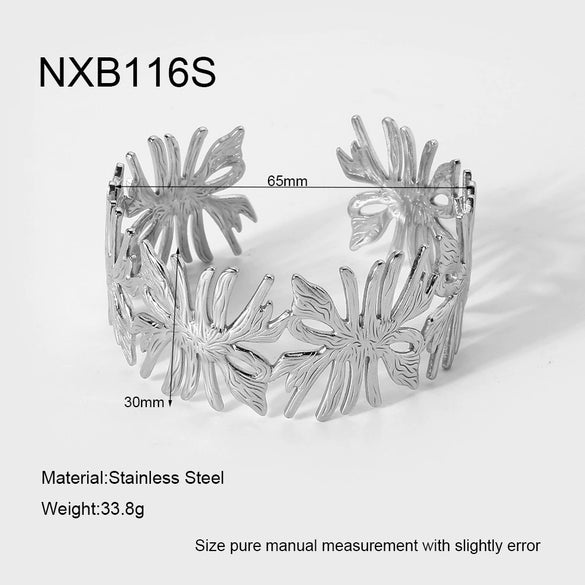 Wholesale Women's Stainless Steel Ginkgo Leaf Open Bracelet Inlaid With Gold