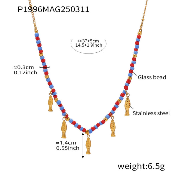 Wholesale Women's 316L Stainless Steel Glazed Beads And 316L Stainless Steel Dolphin Pendant Clavicle Chain With Geometric And Animal Patterns Electroplated Bohemian Style