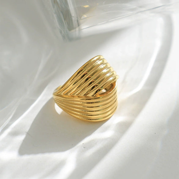 Wholesale Women's Stainless Steel Gold Plated Fashion Geometric Wave Pattern Hollow Striped Rotating Ring