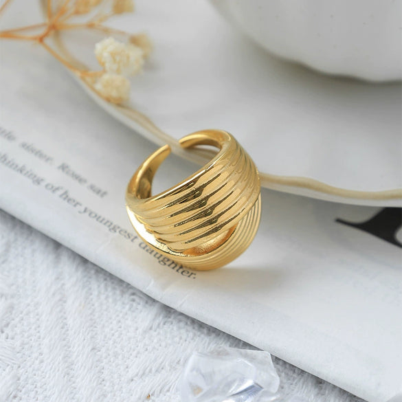 Wholesale Women's Stainless Steel Gold Plated Fashion Geometric Wave Pattern Hollow Striped Rotating Ring