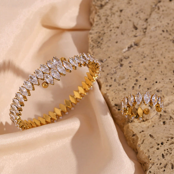 Wholesale Women's Stainless Steel Gold Plated Full Diamond Opening Bracelet With Adjustable Diamond Zircon Ring And Electroplating Treatment