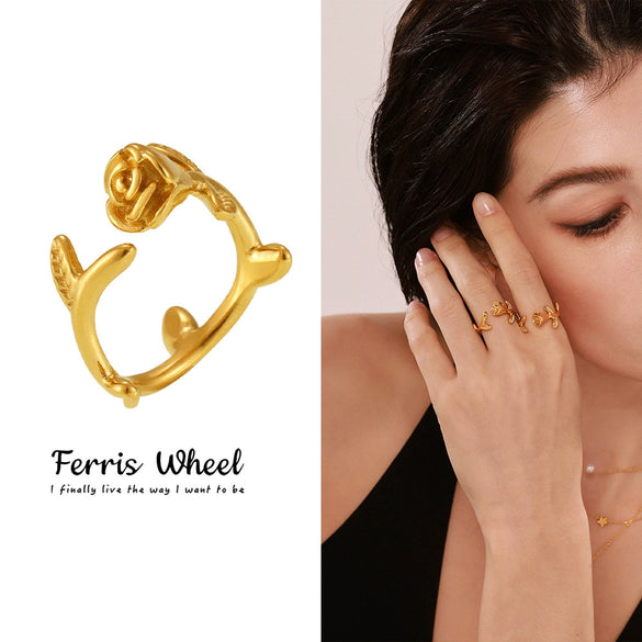 Wholesale Women's Stainless Steel Gold Plated Geometric Ferris Wheel 3D Rose Flower Open Ring Light Luxury Style