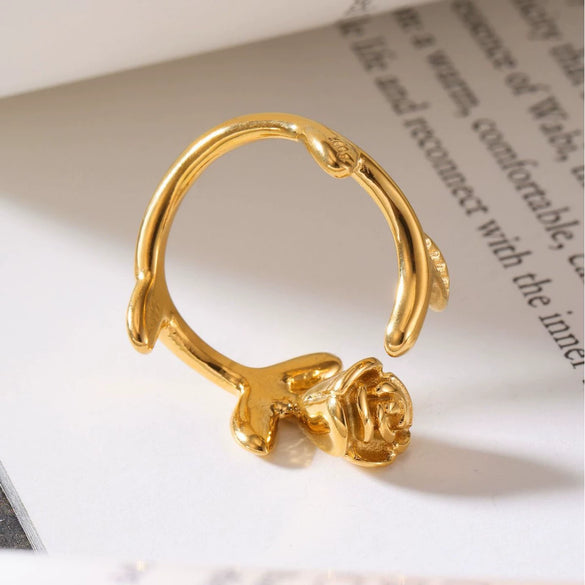 Wholesale Women's Stainless Steel Gold Plated Geometric Ferris Wheel 3D Rose Flower Open Ring Light Luxury Style
