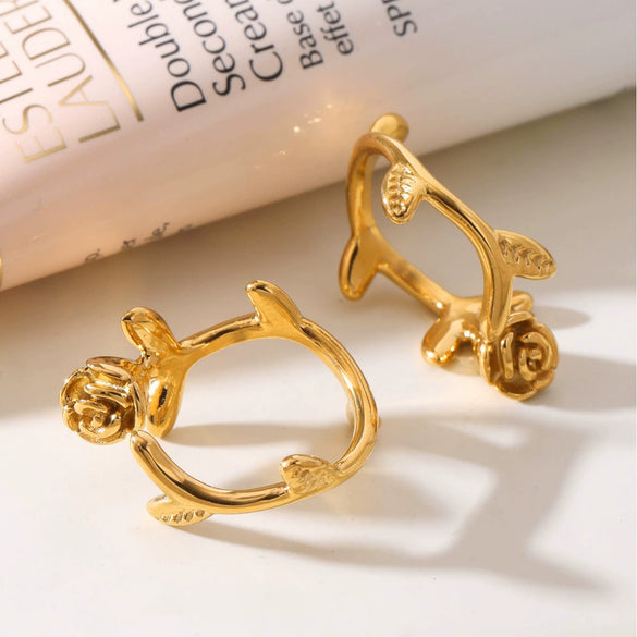 Wholesale Women's Stainless Steel Gold Plated Geometric Ferris Wheel 3D Rose Flower Open Ring Light Luxury Style