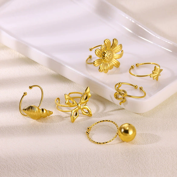 Wholesale Women's Stainless Steel Gold Plated Sunflower Butterfly Snake Open Ring