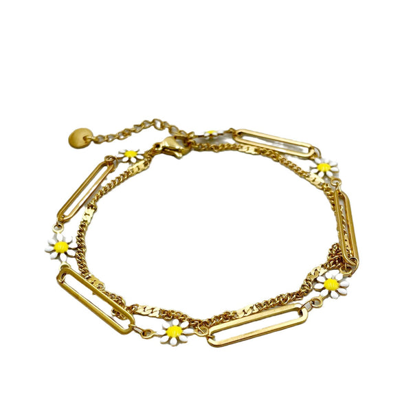 Wholesale Women's Stainless Steel Goldplated Daisy Doublelayer Retro Bracelet