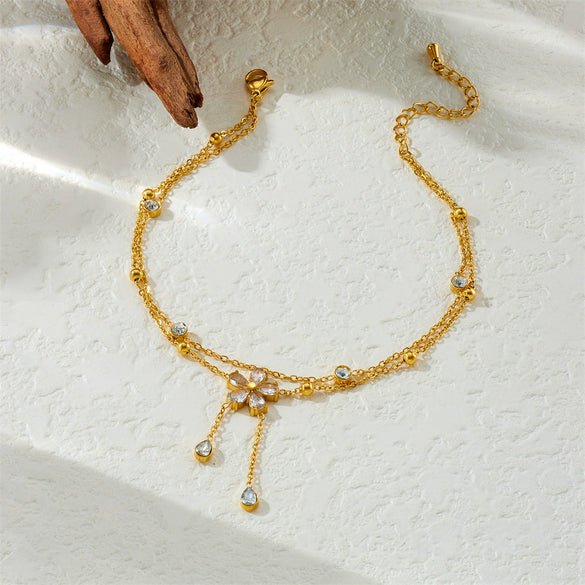Wholesale Women's Stainless Steel Goldplated Flowerpatterned Doublelayer Anklet With Diamondencrusted Fivepetal Flower Chain Tassel