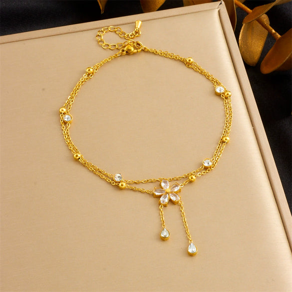 Wholesale Women's Stainless Steel Goldplated Flowerpatterned Doublelayer Anklet With Diamondencrusted Fivepetal Flower Chain Tassel