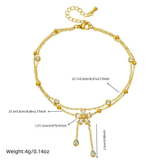 Wholesale Women's Stainless Steel Goldplated Flowerpatterned Doublelayer Anklet With Diamondencrusted Fivepetal Flower Chain Tassel
