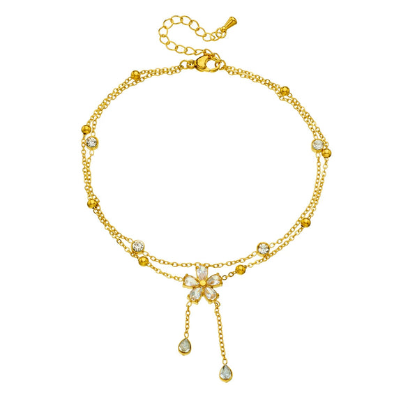 Wholesale Women's Stainless Steel Goldplated Flowerpatterned Doublelayer Anklet With Diamondencrusted Fivepetal Flower Chain Tassel