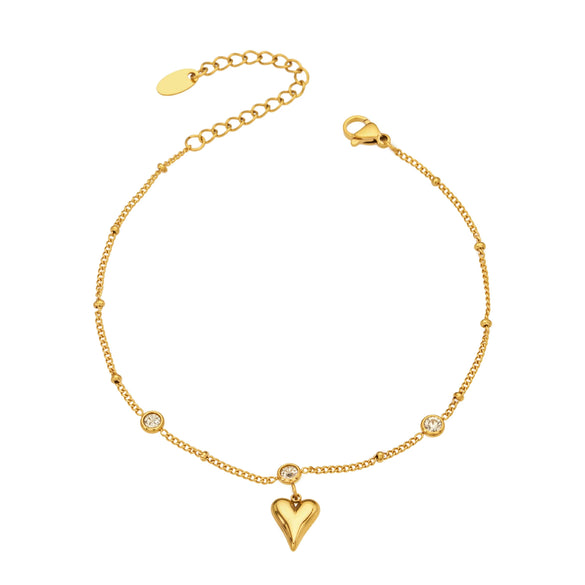 Wholesale Women's Stainless Steel Goldplated Geometric Heartshaped Zircon Fine Bead Anklet Simple Style