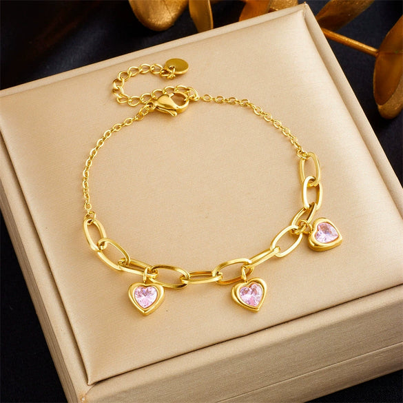 Wholesale Women's Stainless Steel Goldplated Jewelry Bracelet With Heart Shape And Artificial Gemstones And Semiprecious Stones