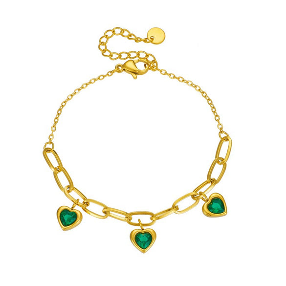 Wholesale Women's Stainless Steel Goldplated Jewelry Bracelet With Heart Shape And Artificial Gemstones And Semiprecious Stones