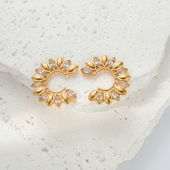 Wholesale Women's Stainless Steel Goldplated Jewelry With White Zircon Inlay Cshaped Drop Design Electroplated Earrings