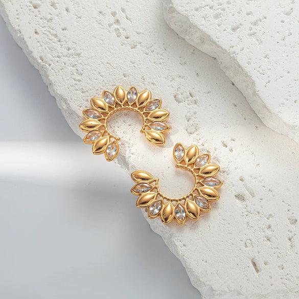 Wholesale Women's Stainless Steel Goldplated Jewelry With White Zircon Inlay Cshaped Drop Design Electroplated Earrings