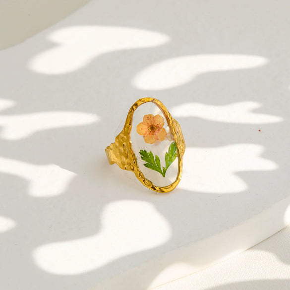 Wholesale Women's Stainless Steel Goldplated Resin Geometric Flower Minimalist Ring
