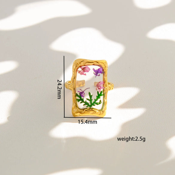 Wholesale Women's Stainless Steel Goldplated Resin Geometric Flower Minimalist Ring