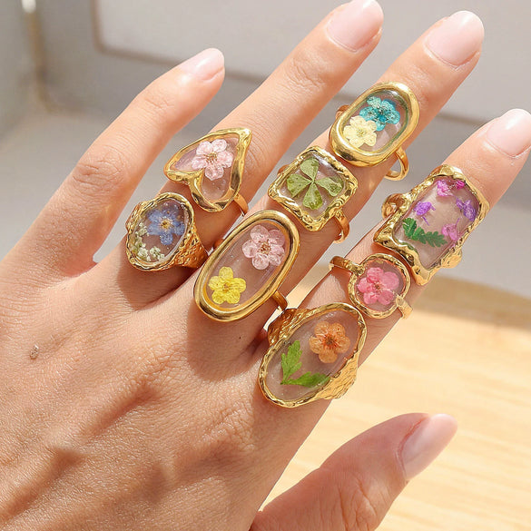 Wholesale Women's Stainless Steel Goldplated Resin Geometric Flower Minimalist Ring