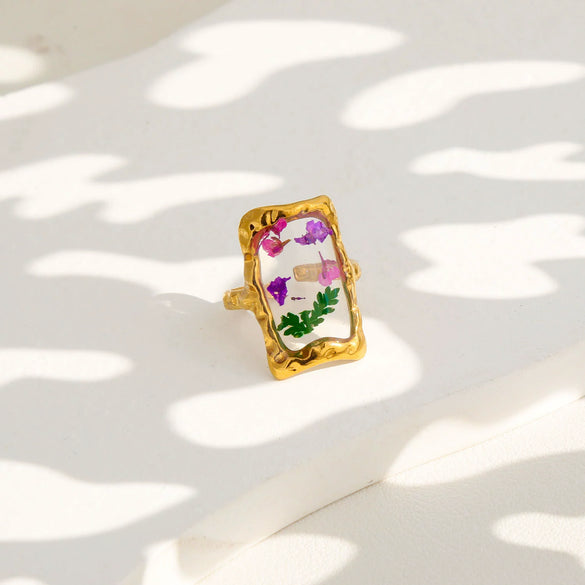Wholesale Women's Stainless Steel Goldplated Resin Geometric Flower Minimalist Ring