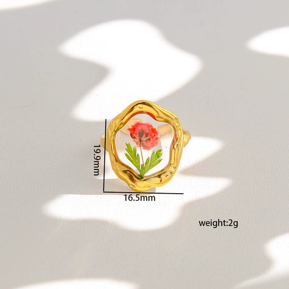 Wholesale Women's Stainless Steel Goldplated Resin Geometric Flower Minimalist Ring