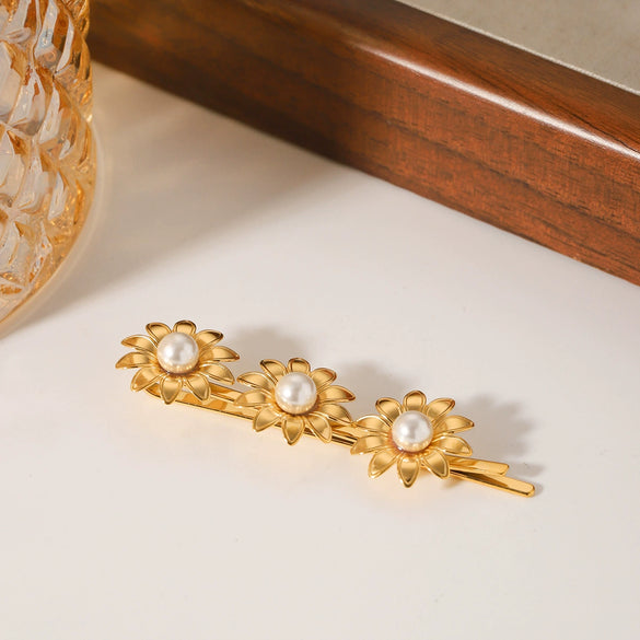 Wholesale Women's Stainless Steel Goldplated Sunflower Inlaid Pearl Hair Clip
