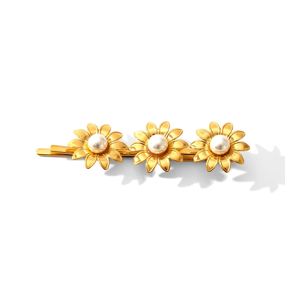Wholesale Women's Stainless Steel Goldplated Sunflower Inlaid Pearl Hair Clip
