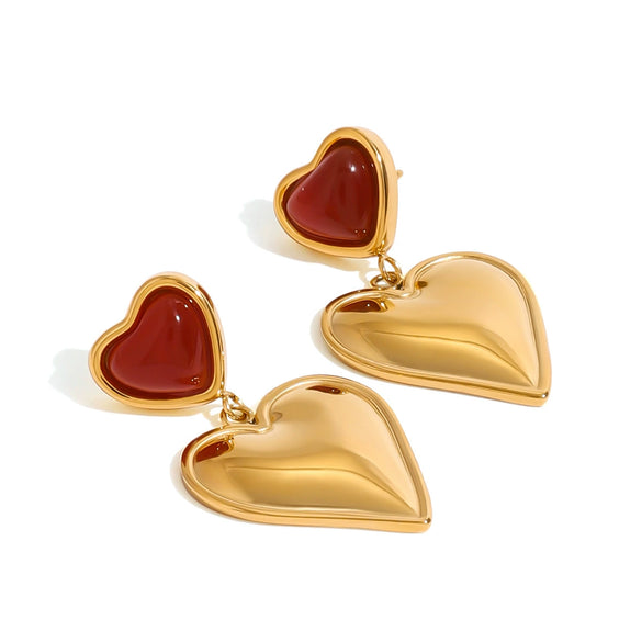 Wholesale Women's Stainless Steel Heart And Geometric Red Agate Love Earrings With Electroplating