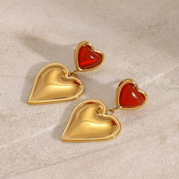 Wholesale Women's Stainless Steel Heart And Geometric Red Agate Love Earrings With Electroplating