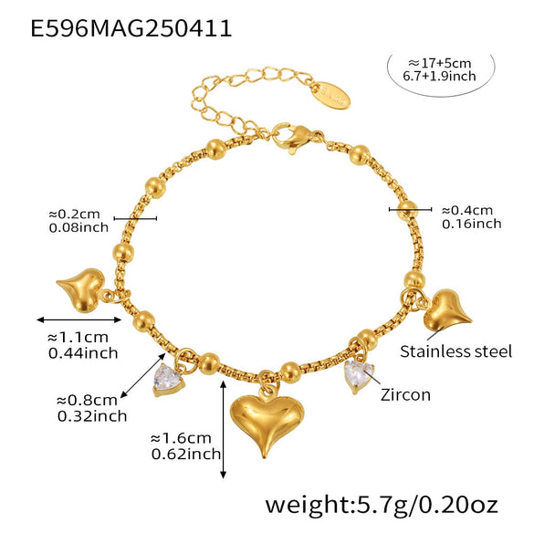 Wholesale Women's 316L Stainless Steel Heart Shape Pendant Bracelet With Electroplated 18K Gold Color Preservation And Zircon