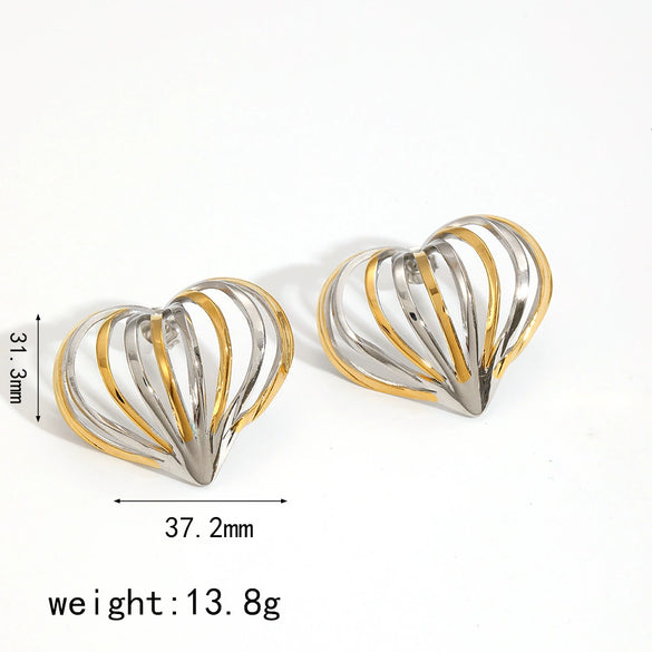Wholesale Women's Stainless Steel Heart Shape Three Dimensional Cut Electroplated Earrings And Rings