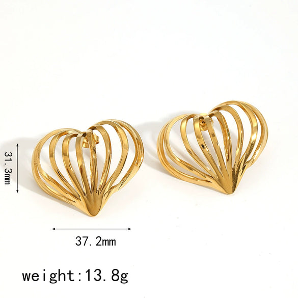 Wholesale Women's Stainless Steel Heart Shape Three Dimensional Cut Electroplated Earrings And Rings