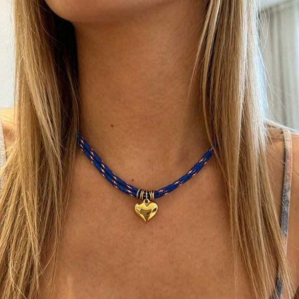 Wholesale Women's Stainless Steel Heart Shaped Polished Electroplated Pendant Nylon Rope Necklace