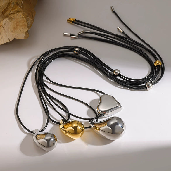 Wholesale Women's Stainless Steel Heartshaped Drop Pendant Necklace With Black Rope Chain 18K Gold Plated