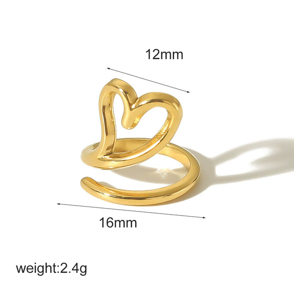 Wholesale Women's Stainless Steel Heartshaped Geometric Light Luxury Highend Open Ring With 18K Gold Electroplating