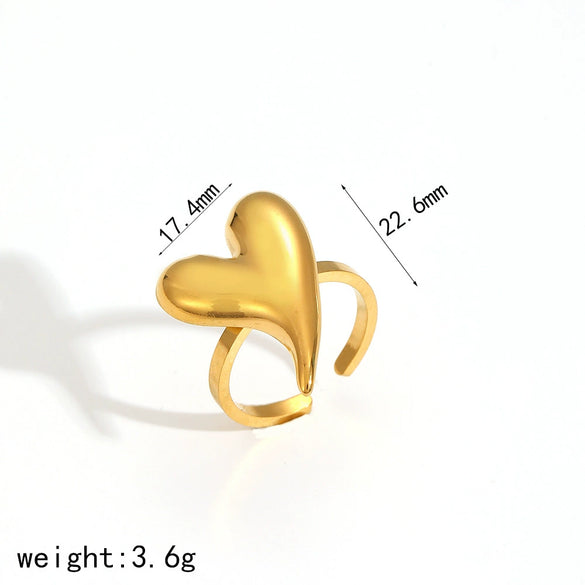 Wholesale Women's Stainless Steel Heartshaped Geometric Light Luxury Highend Open Ring With 18K Gold Electroplating