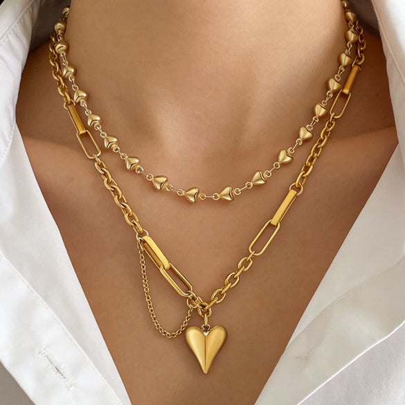 Wholesale Women's Stainless Steel Heartshaped 18K Goldplated Pendant Necklace With Irregular Chain Light Luxury Style