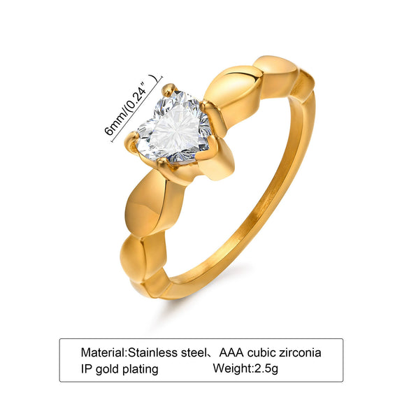 Wholesale Women's Stainless Steel Heartshaped Zircon Casting Ring Simple Style