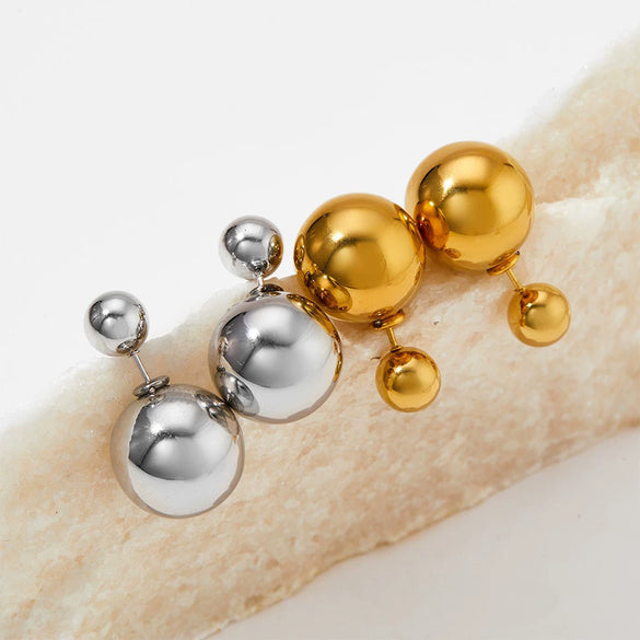 Wholesale Women's Stainless Steel Hollow Ball Earrings With Geometric Pattern And Electroplating Simple Light Luxury Front And Back Two Wear