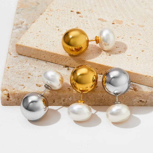 Wholesale Women's Stainless Steel Hollow Ball Earrings With Geometric Pattern And Electroplating Simple Light Luxury Front And Back Two Wear