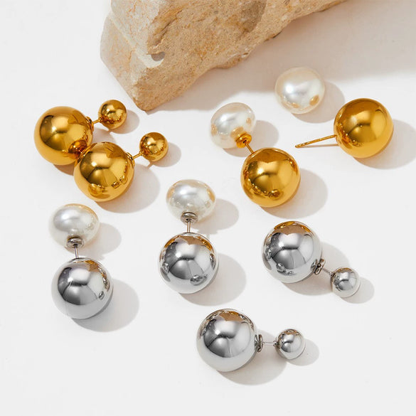 Wholesale Women's Stainless Steel Hollow Ball Earrings With Geometric Pattern And Electroplating Simple Light Luxury Front And Back Two Wear