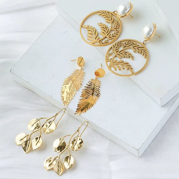 Wholesale Women's Stainless Steel Hollow Leaves Geometric Style Electroplated Earrings Jewelry