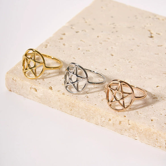 Wholesale Women's Stainless Steel Hollow Lucky Five Pointed Star Fashion Ring With Pvd Furnace Real Gold Plating