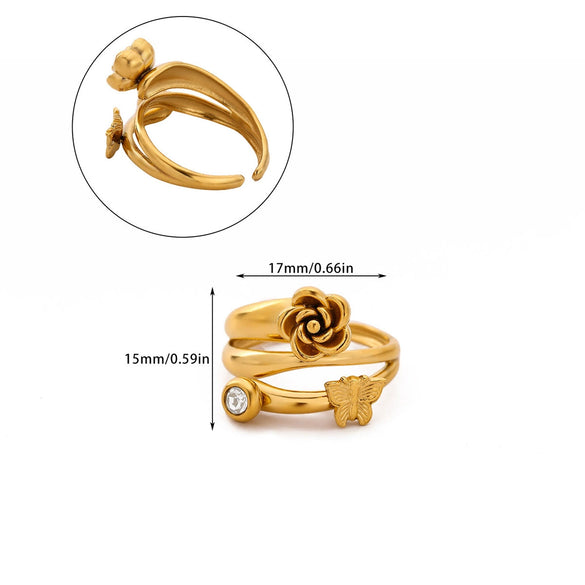 Wholesale Women's Stainless Steel Imitation Pearl Multilayer Zircon 18K Gold Plated Heart Shape Geometric Inlaid With Gold Open Ring