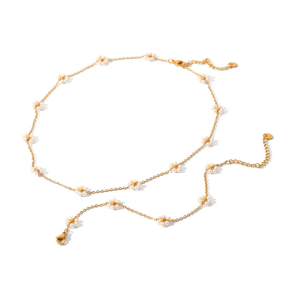 Wholesale Women's Stainless Steel Imitation Pearl Necklace Bracelet With Flower Pattern Vacuum Electroplating Ins Style
